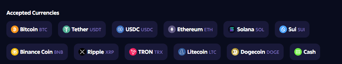Roobet accepted cryptocurrencies — BTC, ETH, USDT, BNB