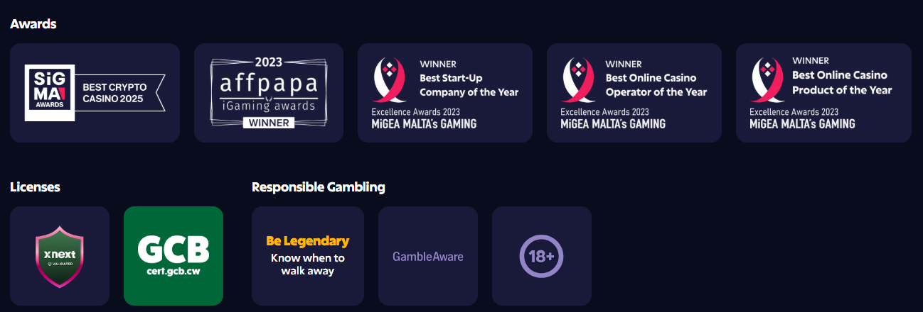 Roobet Casino — awards, licences and responsible gambling badges