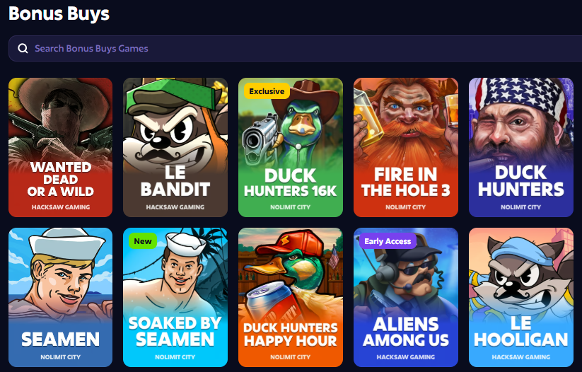 Roobet bonus buys and slots section — bonus hunt games