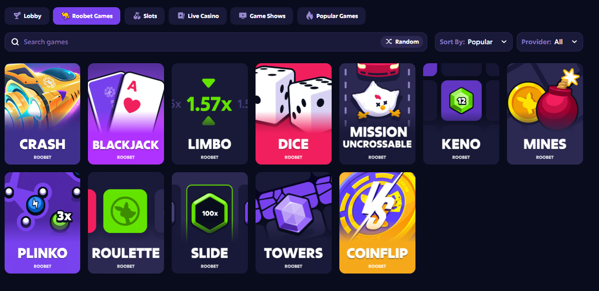 Roobet Casino games lobby — Originals tab with Crash and Dice