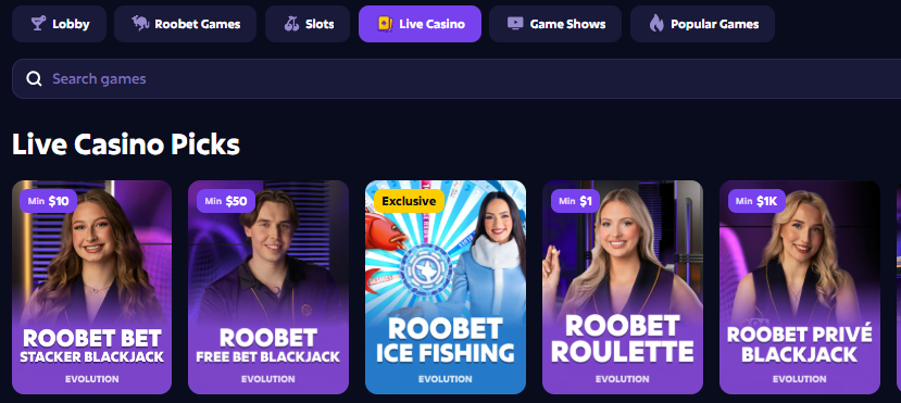 Roobet live casino exclusive tables — Evolution and Pragmatic live games