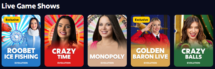 Roobet live game shows — Crazy Time and Monopoly Live