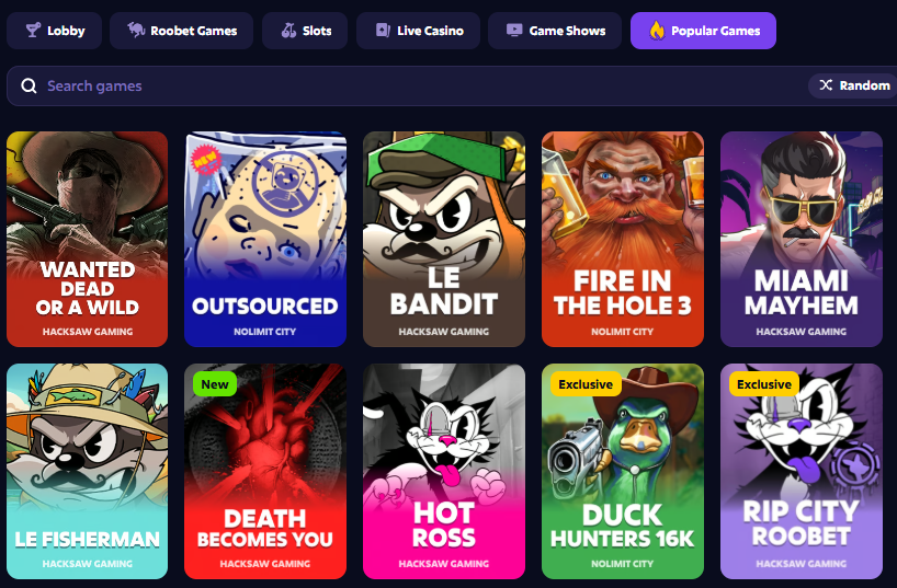 Roobet mobile popular games tab — slots selection on Android and iPhone Philippines