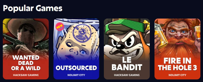 Roobet popular slots — Wanted Dead or Wild, Le Bandit, Fire in the Hole