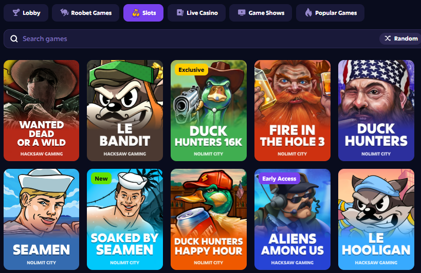 Roobet slots tab featured games — top slots selection Philippines 2026